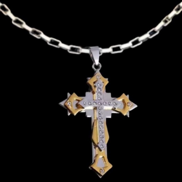 Men’s Diamond Gold & Silver Toned Cross Necklace - Picture 1 of 2